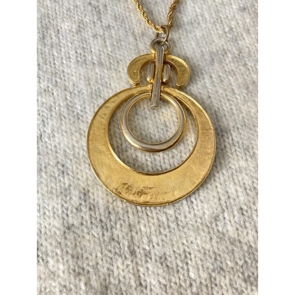 Vintage ART Tarnished‎ Gold Tone Pendant Necklace Circle Ring Modernist Chunky